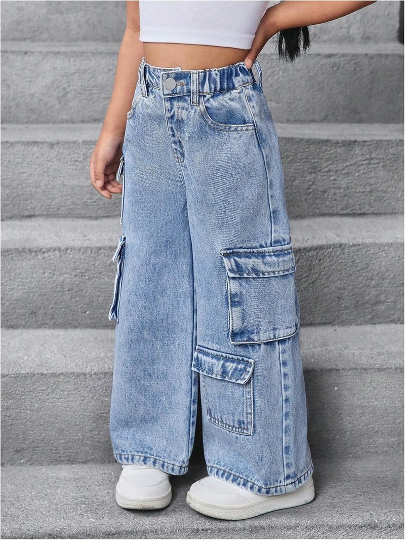 WDIRARA Toddler Girl's Wide Leg Cargo Jeans High Waisted Baggy Denim Pants - Image 4